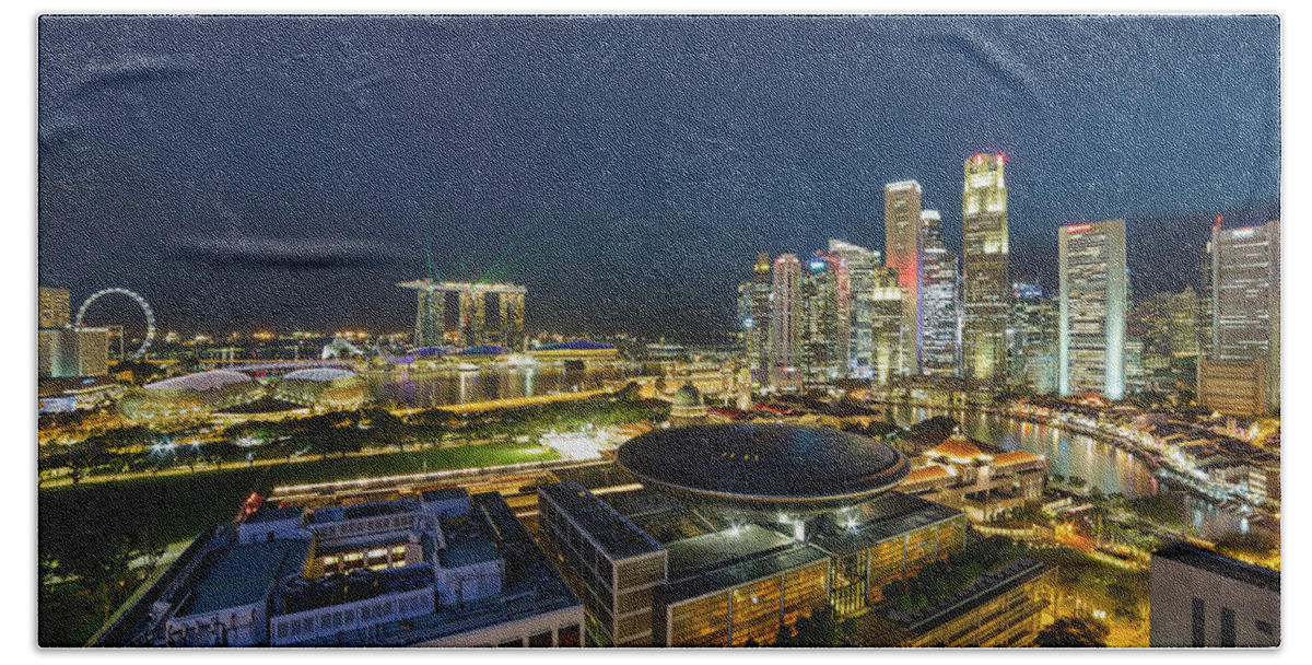 Singapore Beach Towel featuring the photograph Singapore Cityscape at Night #1 by David Gn
