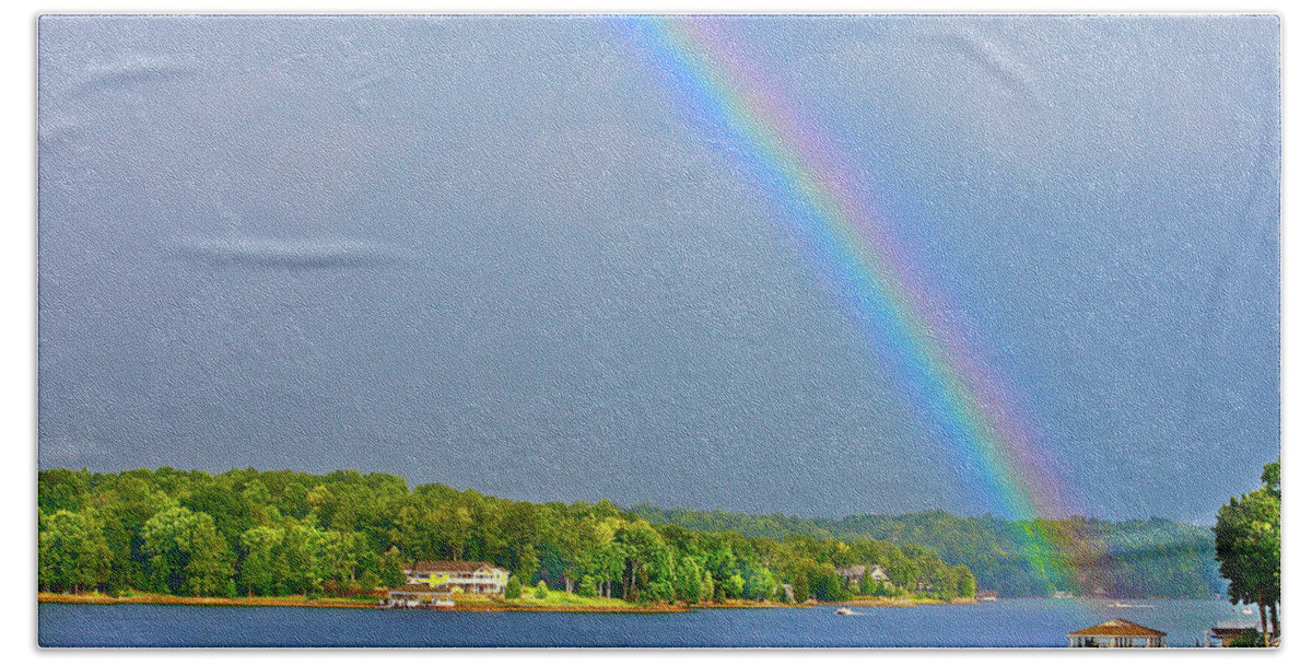 Rainbow Smith Mountain Lake Beach Sheet featuring the photograph Smith Mountain Lake Rainbow #1 by The James Roney Collection