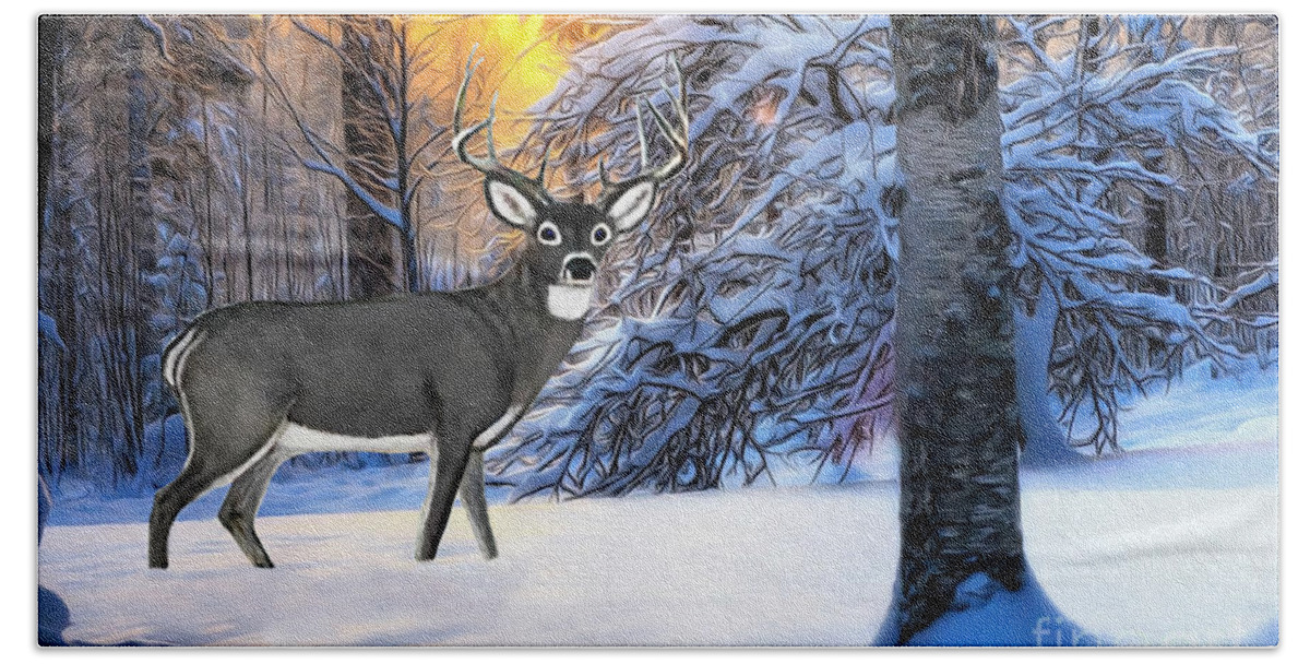 Deer Beach Towel featuring the digital art Snow Deer #1 by Walter Colvin