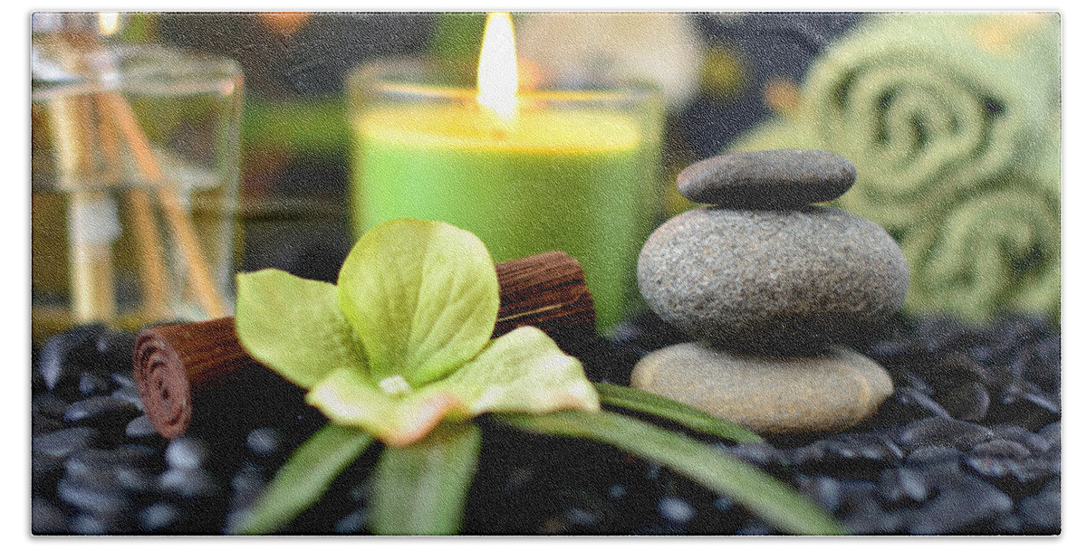 Spa Beach Sheet featuring the photograph Spa Rocks And Candles #2 by Serena King