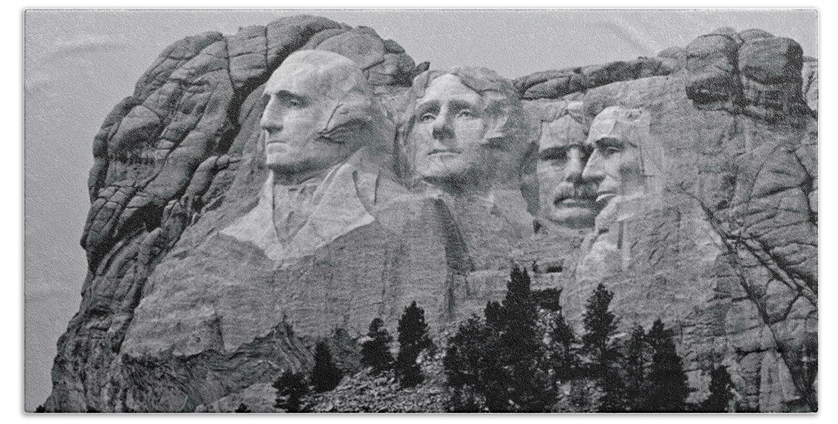 Mount Rushmore National Memorial; Mt. Rushmore; Presidents; George Washington; Thomas Jefferson; Theodore Roosevelt Beach Towel featuring the photograph Stern Faces in Stern Times #1 by Don Mercer