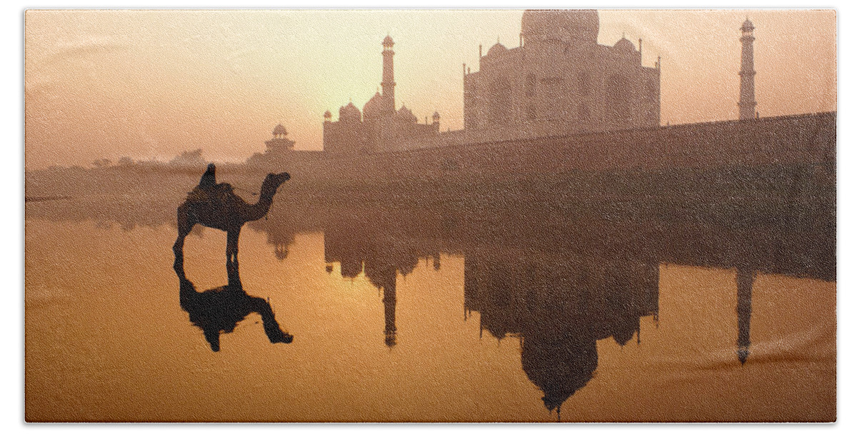 Sunrise Beach Towel featuring the photograph Taj Mahal at Sunrise #1 by Michele Burgess