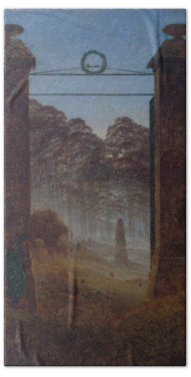 Caspar David Friedrich Beach Towel featuring the painting The Cemetery Entrance #1 by Caspar David Friedrich