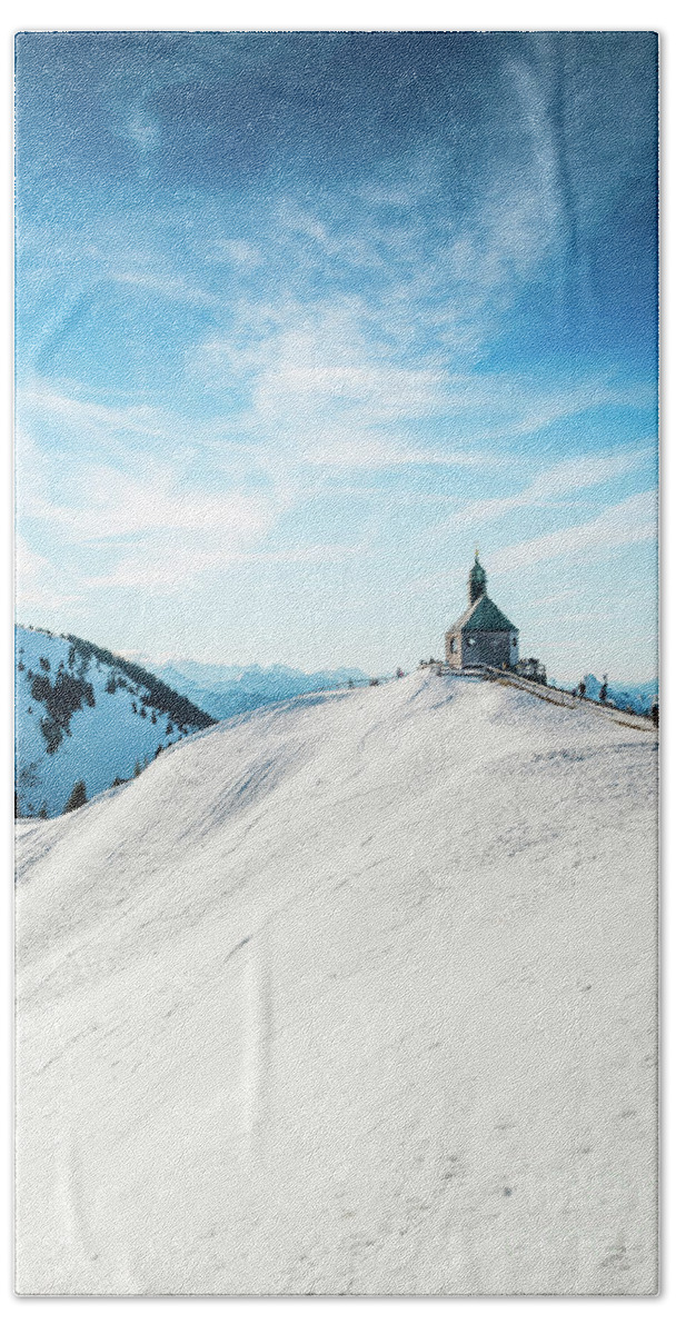 Wallberg Beach Towel featuring the photograph The chapel in the alps by Hannes Cmarits