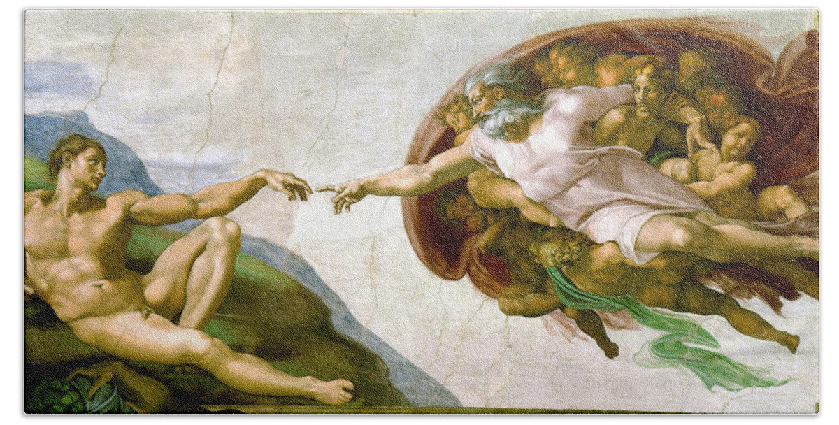 Michelangelo Beach Towel featuring the painting The Creation Of Adam by Michelangelo