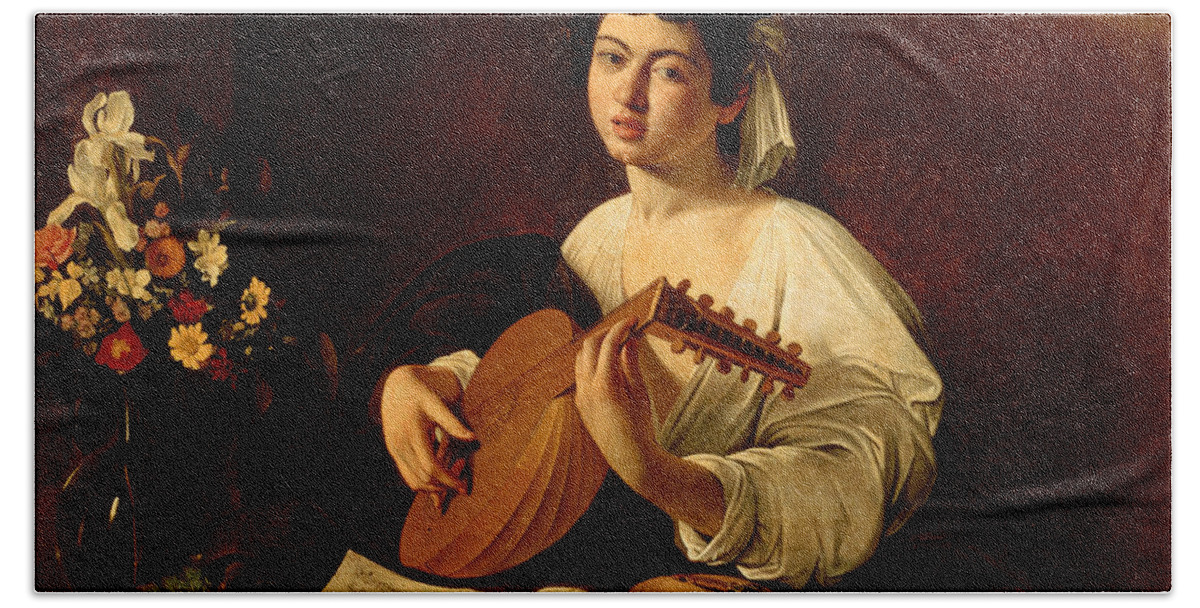 Caravaggio Beach Towel featuring the painting The Lute-Player #7 by Caravaggio