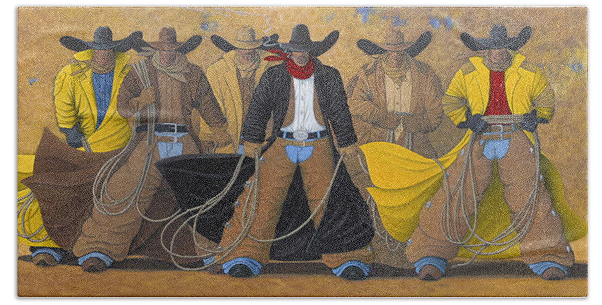 Large Cowboy Painting Of Six Cowboys. Beach Towel featuring the painting The Posse by Lance Headlee