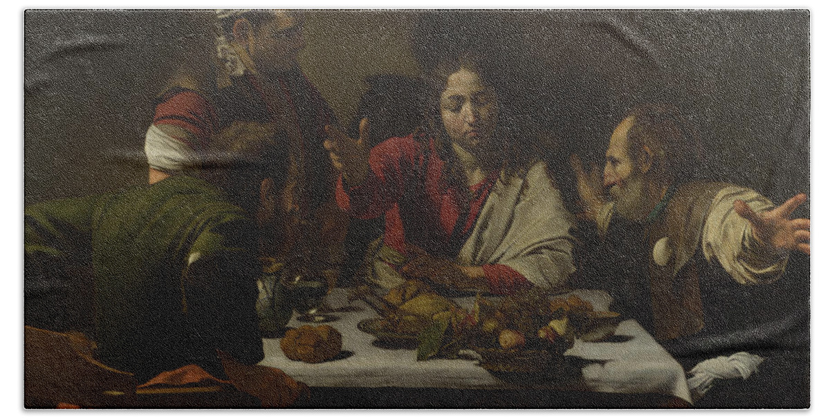 Caravaggio Beach Towel featuring the painting The Supper at Emmaus #5 by Caravaggio