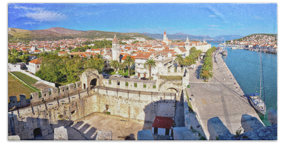 Trogir Beach Towel featuring the photograph Town of Trogir rooftops and landmarks view #1 by Brch Photography