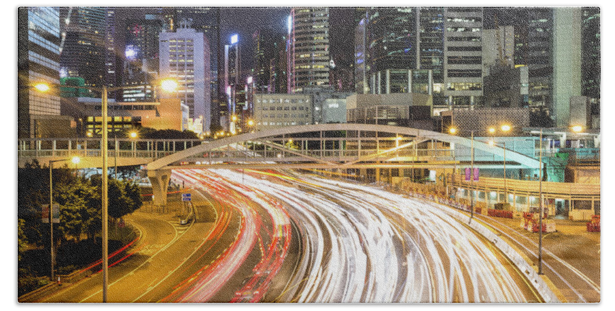 China Beach Towel featuring the photograph Traffic rushing in in the Central business district in Hong Kong #1 by Didier Marti