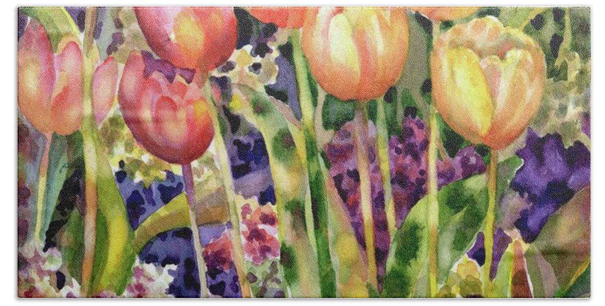 Watercolor Beach Towel featuring the painting Tulips #1 by Ann Nicholson