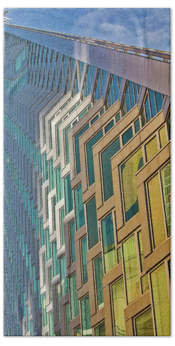625 West 57th Street Beach Towel featuring the photograph Upward View to West 57 ST NYC BW #1 by Susan Candelario