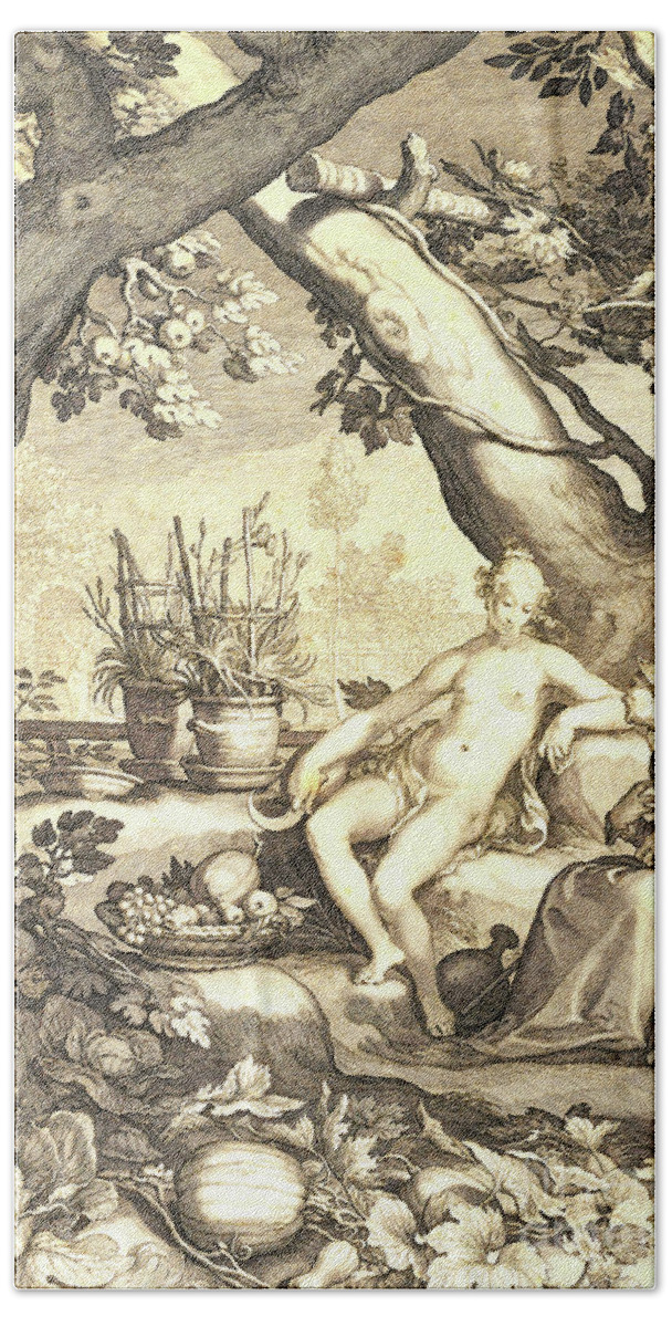 Garden Beach Towel featuring the drawing Vertumnus and Pomona by Pieter Jansz Saenredam