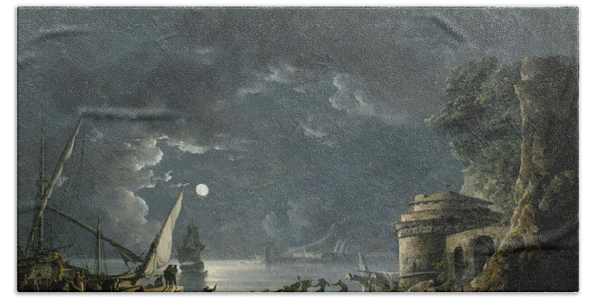 Carlo Bonavia Beach Towel featuring the painting View of a Moonlit Mediterranean Harbor #1 by Carlo Bonavia