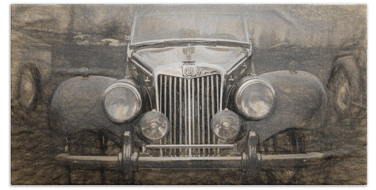 ''soft Top'' Beach Towel featuring the digital art Vintage MG Sports Car #1 by Roy Pedersen