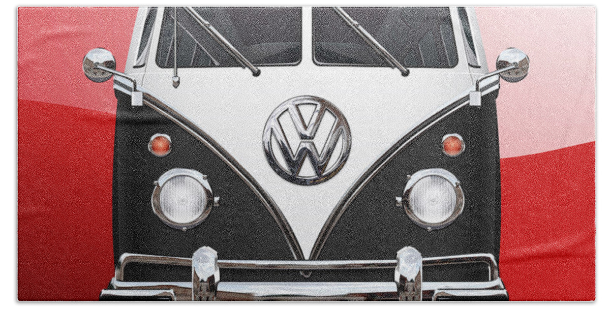 'volkswagen Type 2' Collection By Serge Averbukh Beach Towel featuring the photograph Volkswagen Type 2 - Black and White Volkswagen T 1 Samba Bus on Red by Serge Averbukh