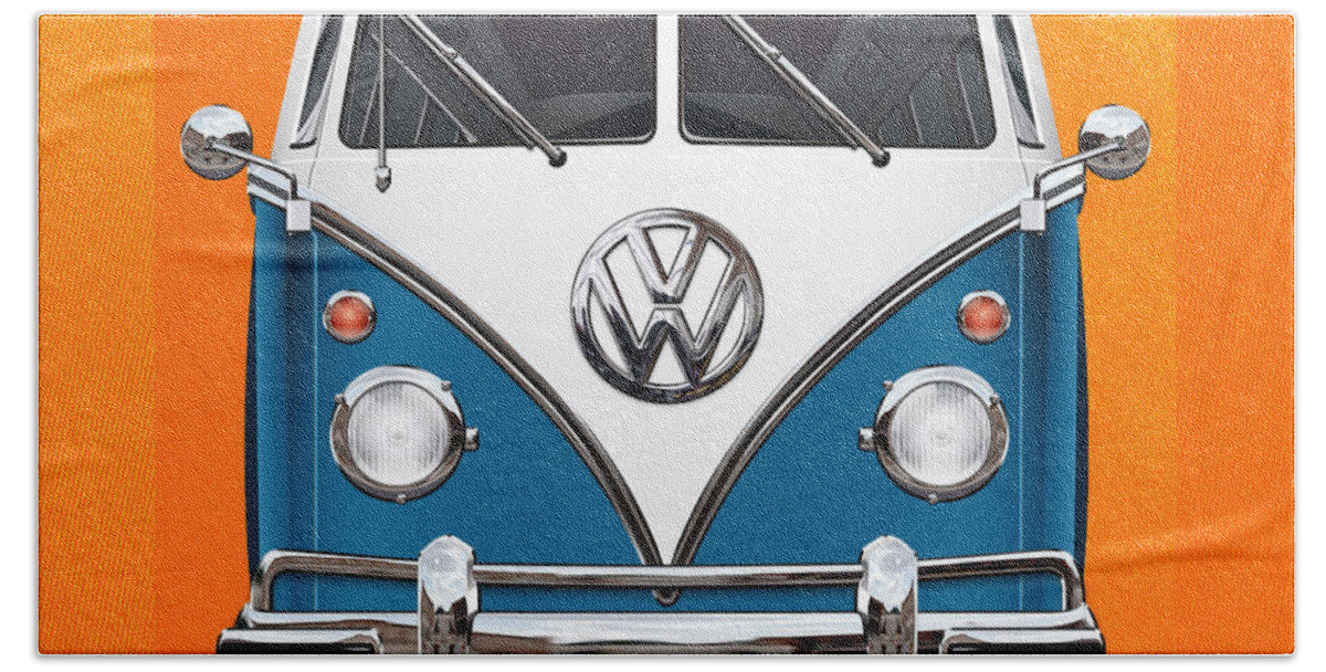'volkswagen Type 2' Collection By Serge Averbukh Beach Towel featuring the photograph Volkswagen Type 2 - Blue and White Volkswagen T 1 Samba Bus over Orange Canvas by Serge Averbukh