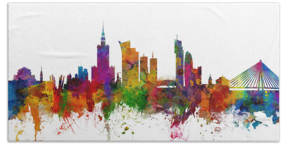 Poland Beach Towel featuring the digital art Warsaw Poland Skyline #1 by Michael Tompsett