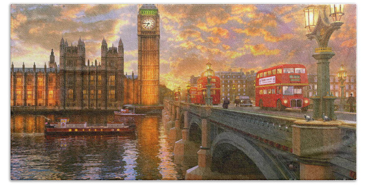 London Beach Towel featuring the digital art Westminster Sunset #1 by MGL Meiklejohn Graphics Licensing