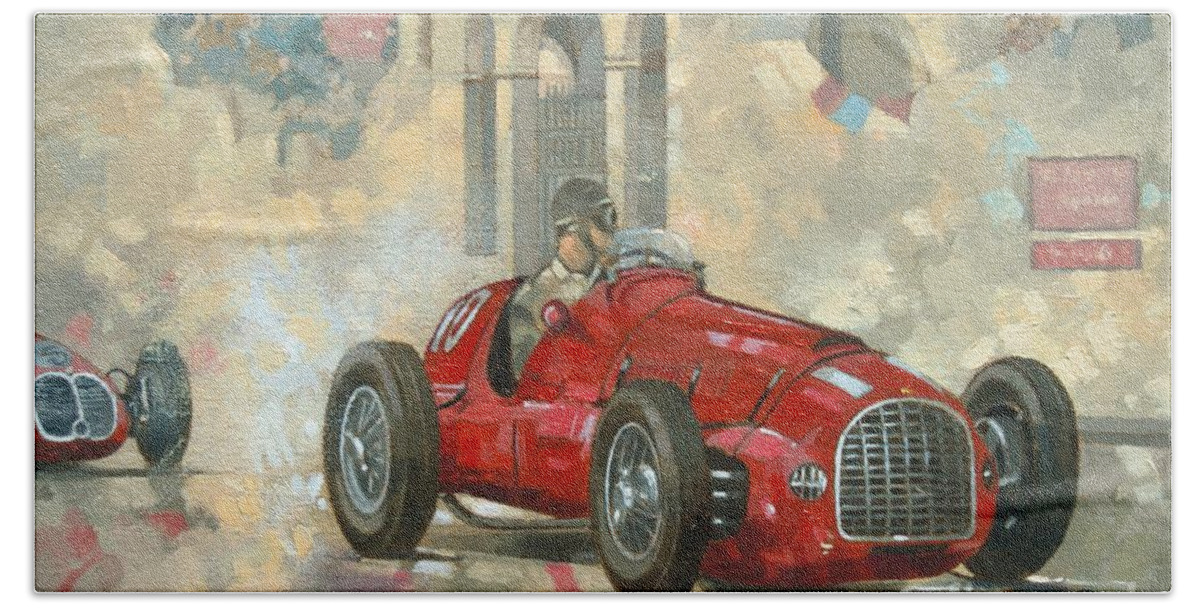 Whitehead Beach Towel featuring the painting Whitehead's Ferrari passing the pavillion - Jersey by Peter Miller