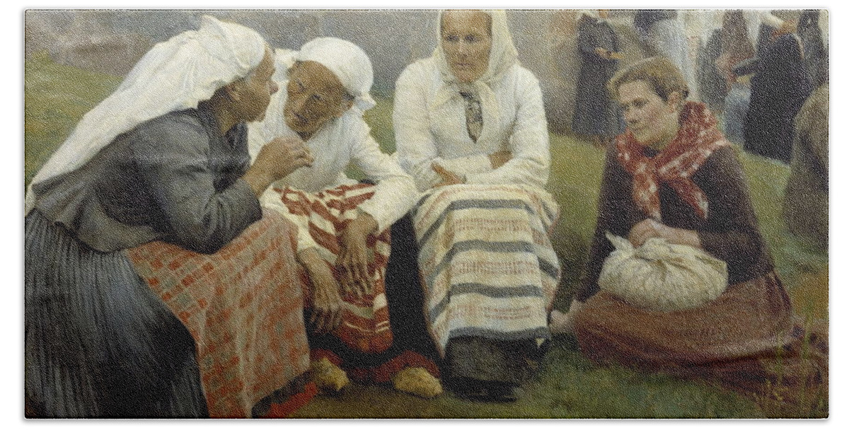 Albert Edelfelt Beach Towel featuring the painting Women Outside the Church at Ruokolahti by MotionAge Designs