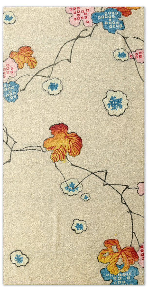 Vintage; Illustration; Graphic Design; Pattern; Japanese; 1880; Woodblock Print; Nobody; Meiji; Kimono; Textile Design; Pattern Book; Fall; Leaves; Tree; Branch; Autumn; Snowflake Beach Towel featuring the painting Woodblock Print of Fall Leaves by Japanese School