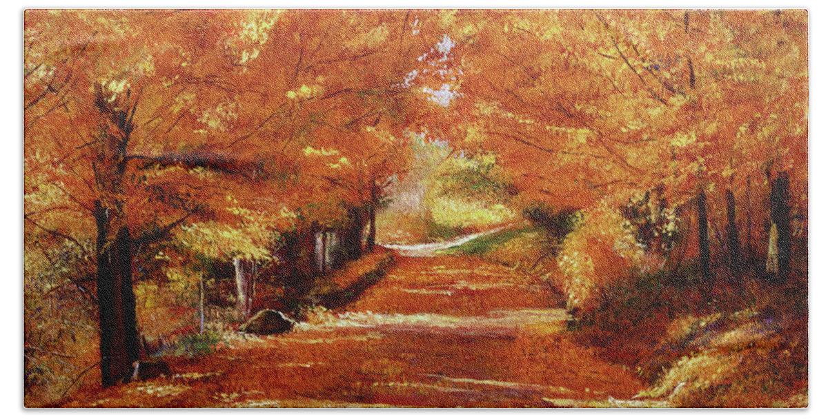 Landscape Beach Towel featuring the painting Yellow Leaf Road #1 by David Lloyd Glover