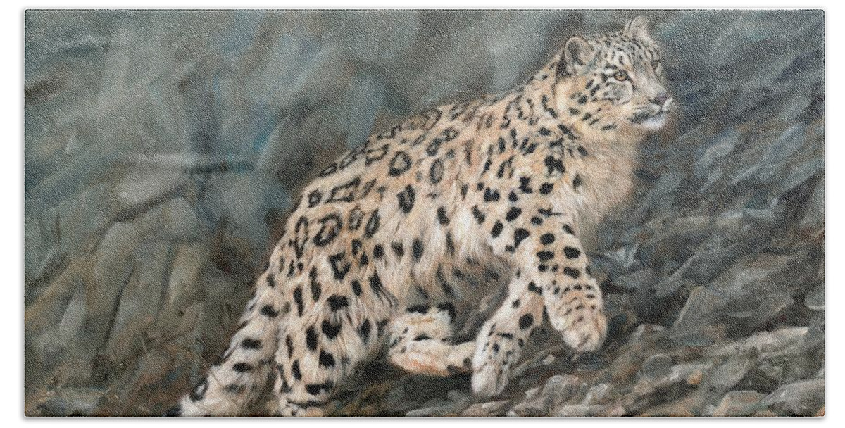 Snow Leopard Beach Towel featuring the painting Snow Leopard #10 by David Stribbling