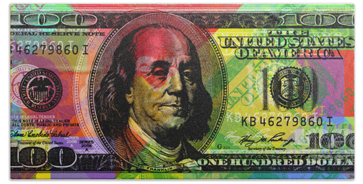 Franklin Beach Towel featuring the digital art Benjamin Franklin - Full size $100 bank note by Jean luc Comperat