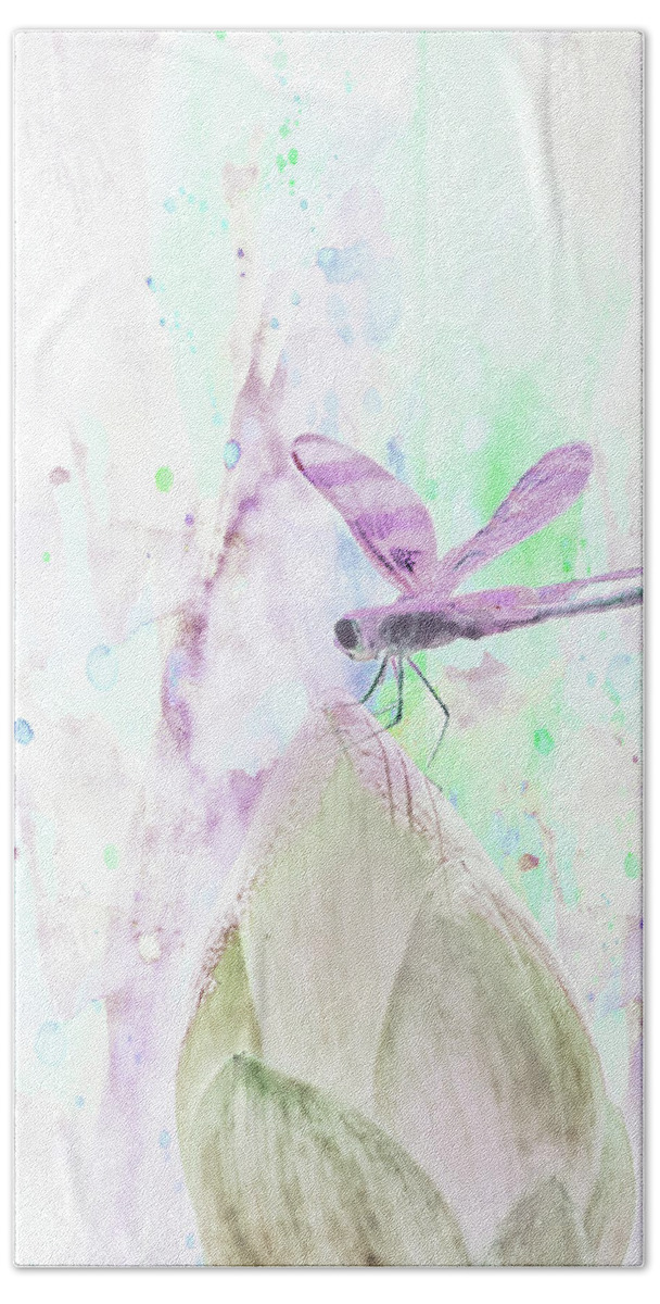 Dragon Fly Perched On Lotus Beach Towel featuring the mixed media 10864 Dragon Fly by Pamela Williams