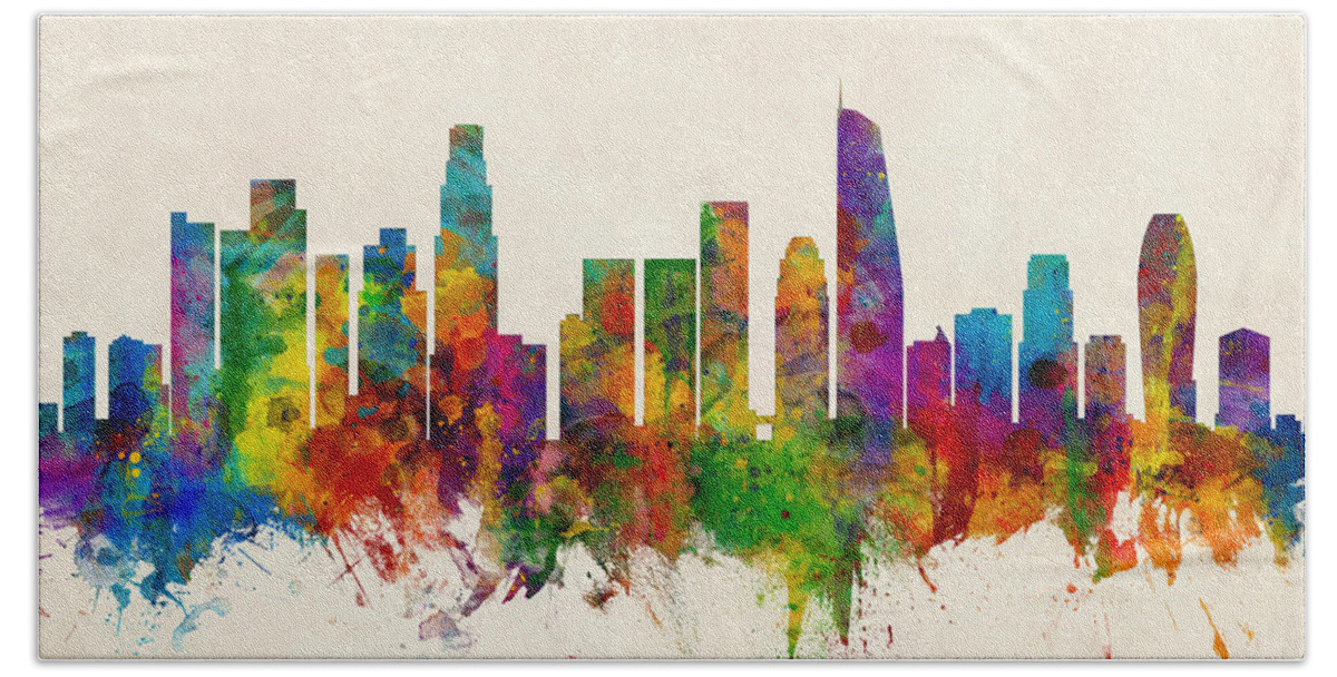 Los Angeles Beach Towel featuring the digital art Los Angeles California Skyline #11 by Michael Tompsett