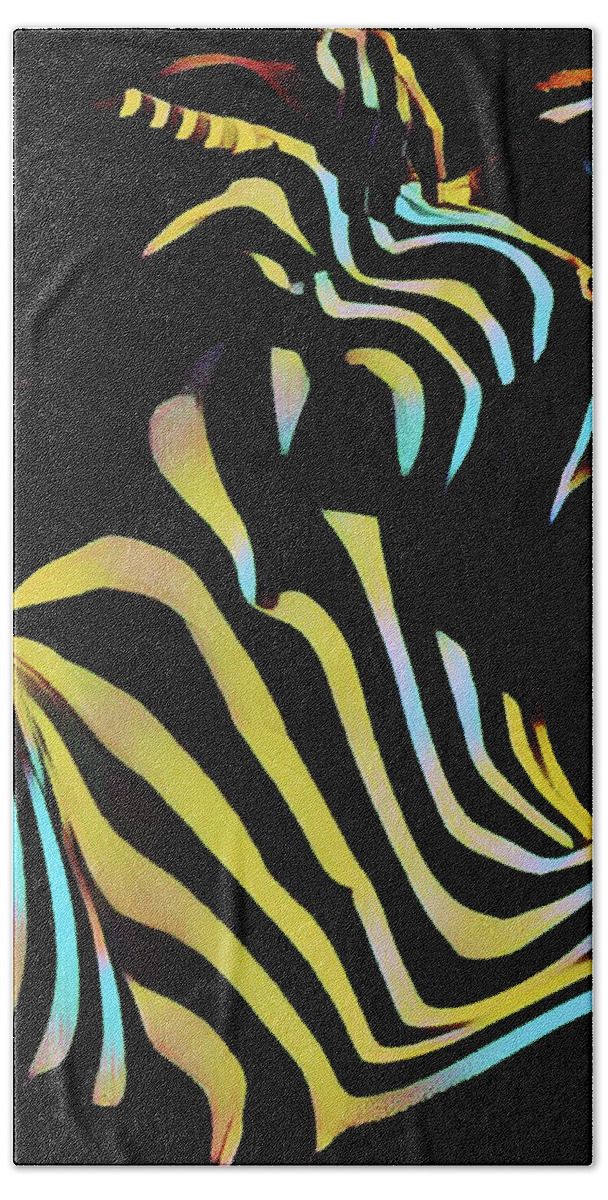 Colorful Beach Towel featuring the digital art 1149s-AK Dramatic Zebra Striped Woman Rendered in Composition Style by Chris Maher