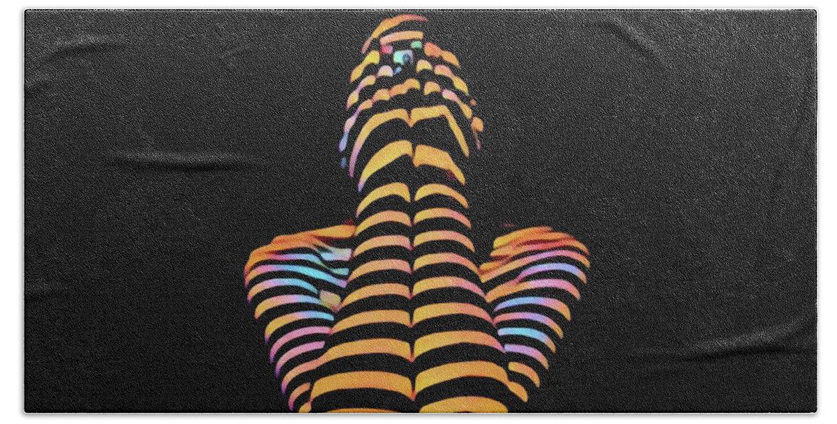 Hiding Beach Sheet featuring the digital art 1183s-MAK Hands over Face Zebra Striped Woman rendered in Composition style by Chris Maher
