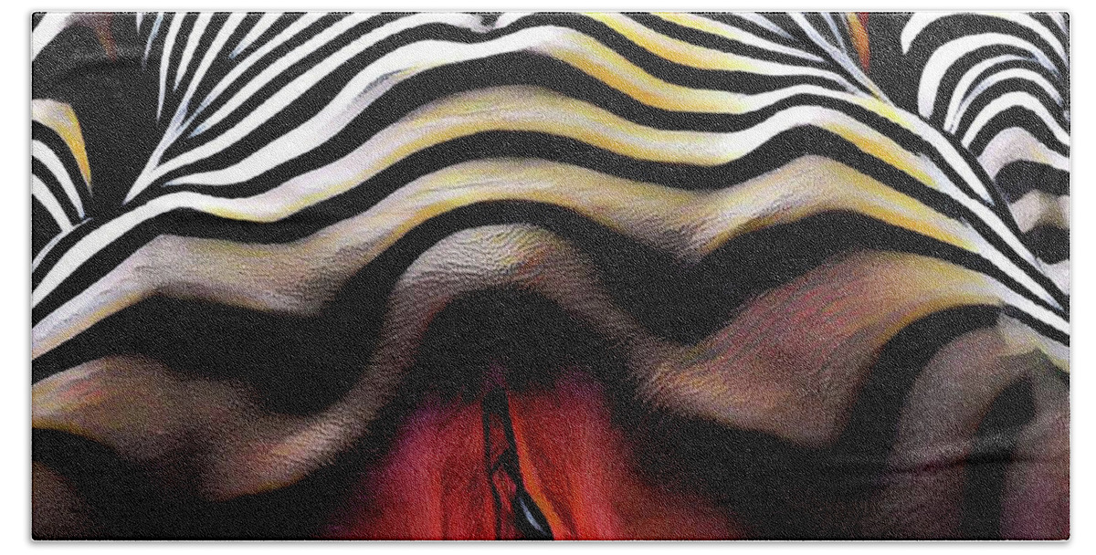 Pastel Beach Sheet featuring the digital art 1290s-AK Aroused Woman Vulval Portrait Zebra Striped Woman Rendered in Pastel Style by Chris Maher