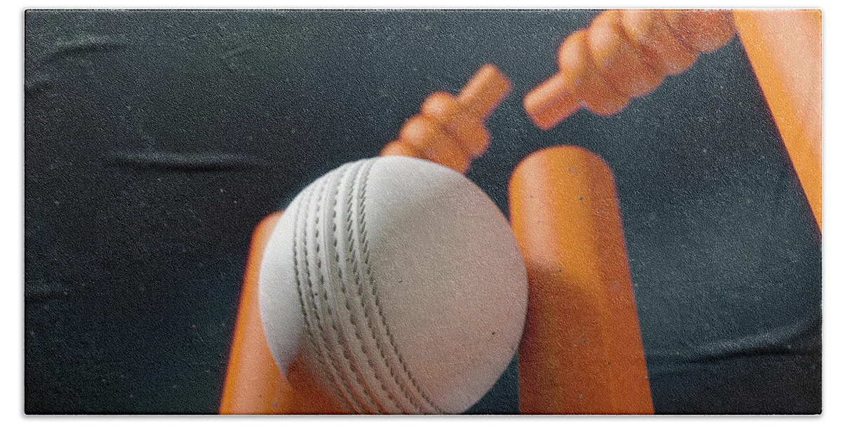 Action Beach Sheet featuring the digital art Cricket Ball Hitting Wickets #14 by Allan Swart