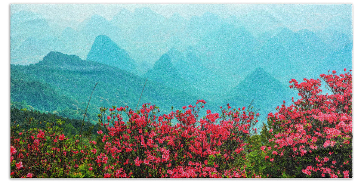 Spring Beach Towel featuring the photograph Blossoming azalea and mountain scenery #16 by Carl Ning