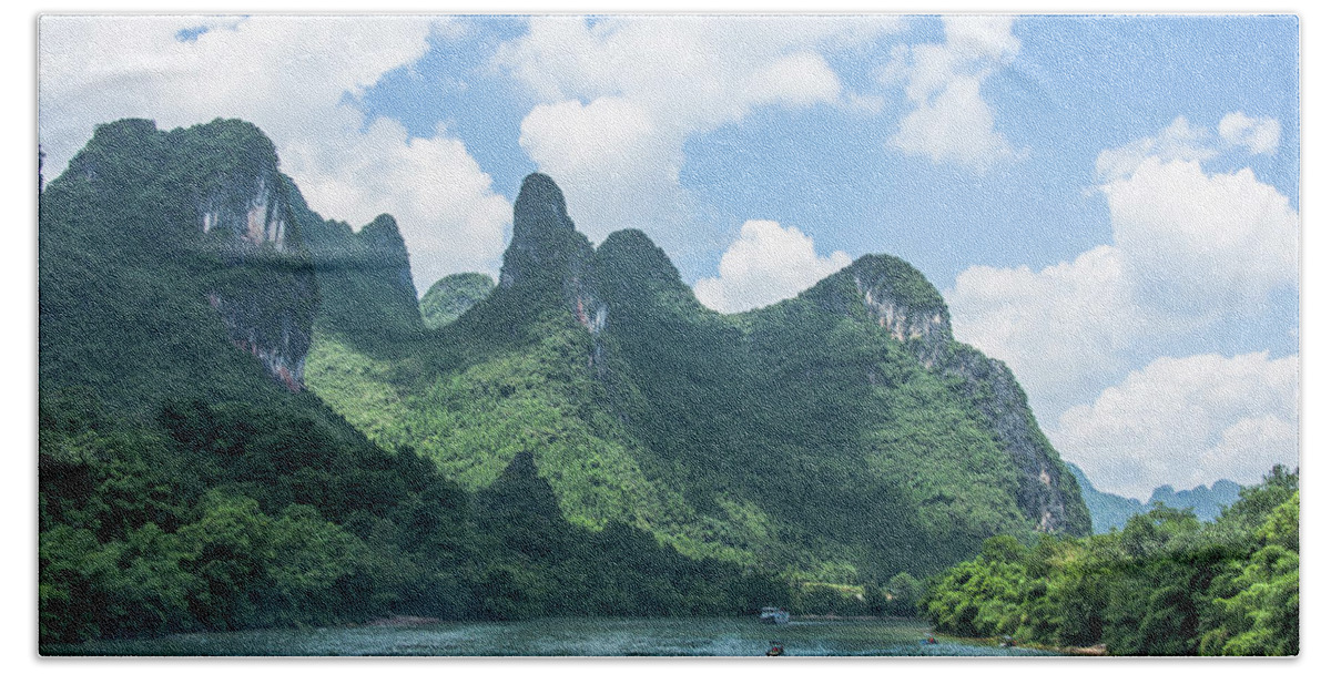 River Beach Sheet featuring the photograph Lijiang River and karst mountains scenery #17 by Carl Ning