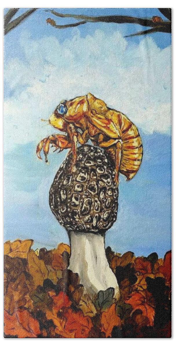 Morel Beach Towel featuring the painting 17 year Cicada With Morel by Alexandria Weaselwise Busen