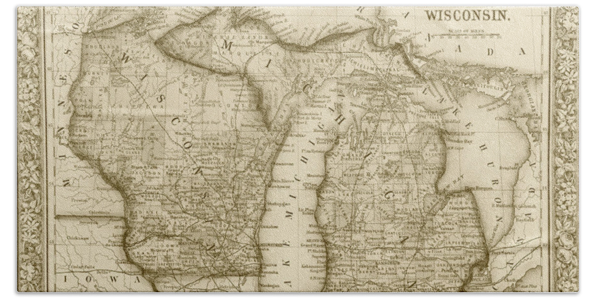 1800s Beach Towel featuring the digital art 1800s Historical Michigan and Wisconsin Map Sepia by Toby McGuire