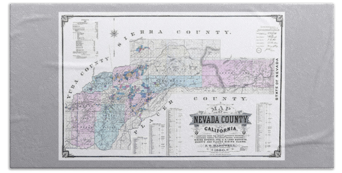 Map Beach Towel featuring the digital art 1880 Nevada County Mining Claim Map by Lisa Redfern