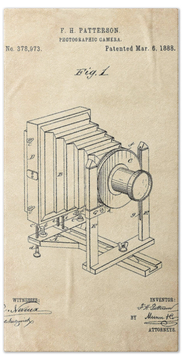 Patent Beach Towel featuring the digital art 1888 Camera US Patent Invention Drawing - Vintage Tan by Todd Aaron