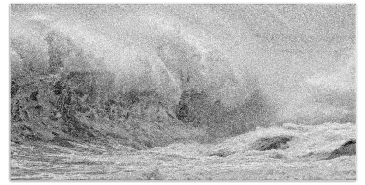 Maine Beach Towel featuring the photograph Black and White Large Waves Near Pemaquid Point On The Coast Of #19 by Keith Webber Jr