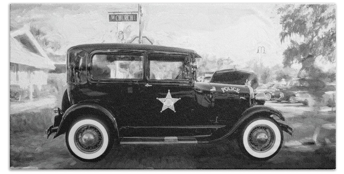 1929 Ford Model A Beach Towel featuring the photograph 1929 Ford Model A Tudor Police Sedan BW by Rich Franco