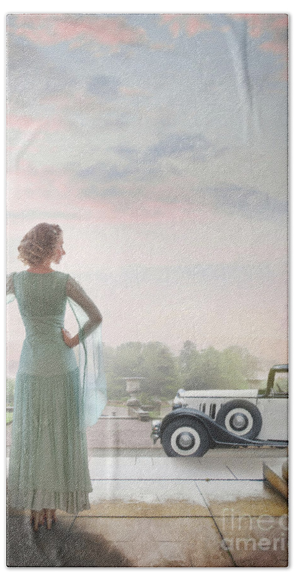 Woman Beach Towel featuring the photograph 1930s Woman With A Vintage Car by Lee Avison