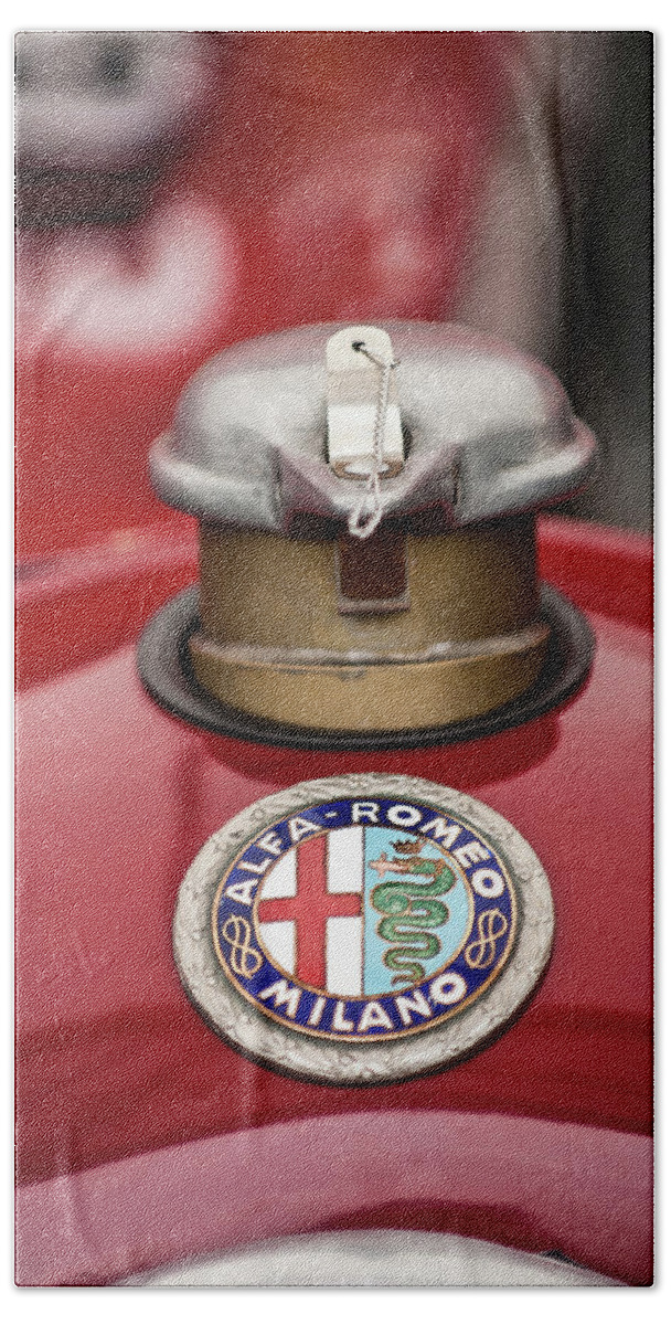 1934 Alfa Romeo Tipo B Beach Towel featuring the photograph 1934 Alfa Romeo Tipo B Hood Emblem by Jill Reger