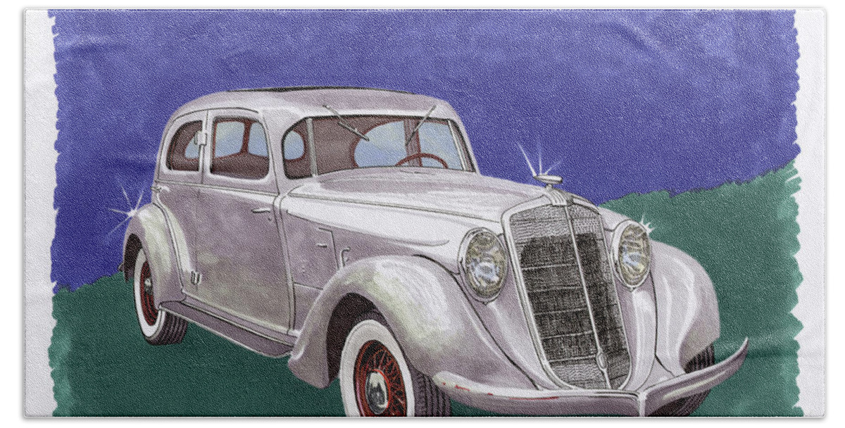 A Watercolor Portrait Of The 1935 Hupmobile Model 527 T Which Was An Automobile Built From 1909 Through 1940 By The Hupp Motor Company Beach Towel featuring the painting 1935 Hupmobile Model 527 T by Jack Pumphrey