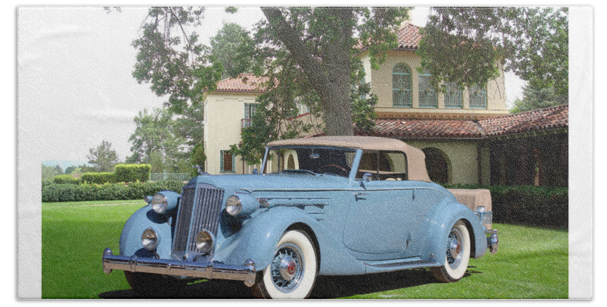 Photograph Of A 1936 Packard 12 1407 Convertible Roadster At The Philmont Ranch In Northern New Mexico Beach Towel featuring the photograph 1936 Packard 12 1407 Convertible Roadster by Jack Pumphrey
