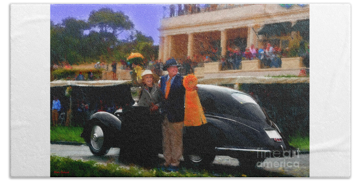 2018 Pebble Beach Concours D Elegance Best Of Show Beach Towel featuring the photograph 1937 Alfa Romeo 8C 2900B Touring Berlinetta And Mr and Mrs Sydorick Pebble Beach Concours d Elegance by Blake Richards