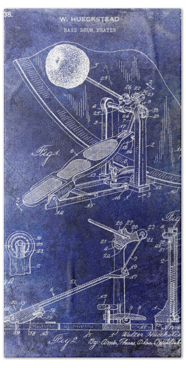Drum Beach Towel featuring the photograph 1938 Bass Drum Pedal Patent Blue by Jon Neidert