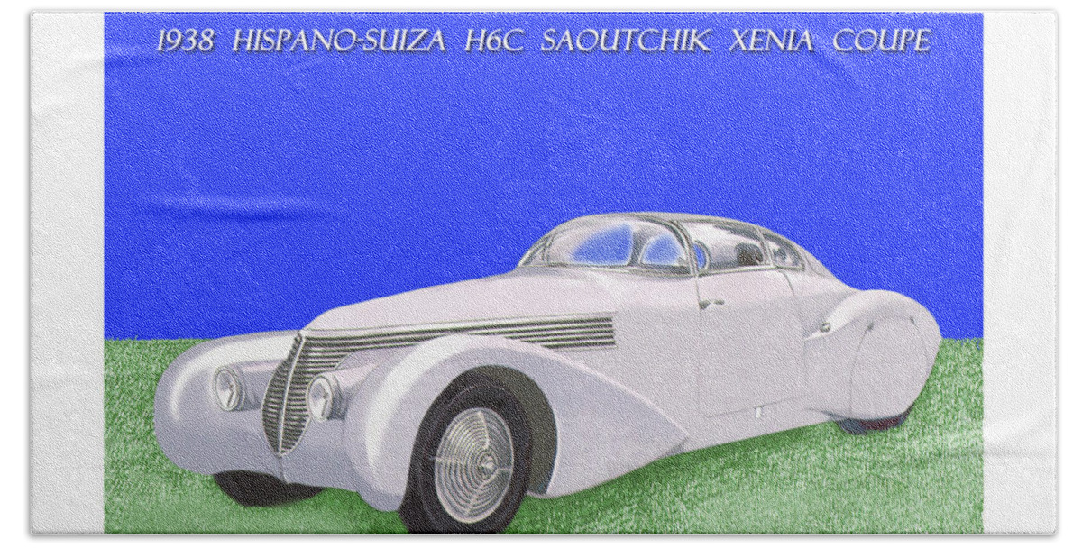 The First Car To Benefit From Hispano-suiza’s Aeronautical Experience Was The H6 Beach Towel featuring the painting 1938 Hispano Suiza H6c Saoutchik Xenia Coupe by Jack Pumphrey